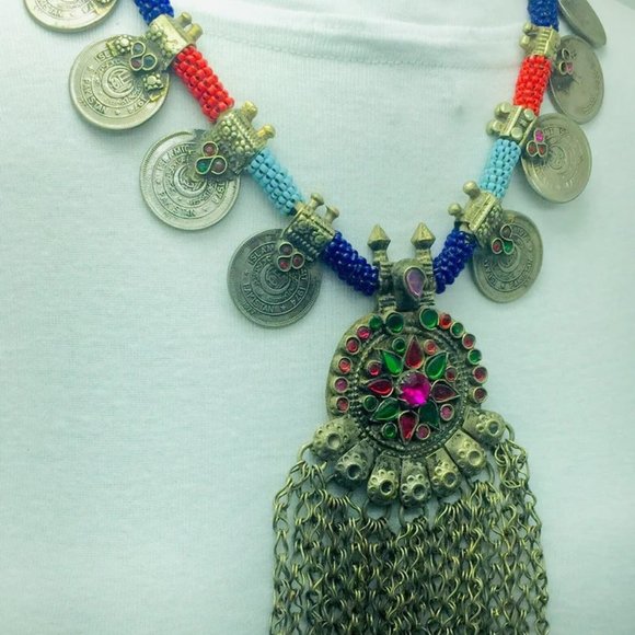Vintage Coins Necklace With Dangling Pendant,Tribal Beaded Pendant Necklace - Picture 4 of 9